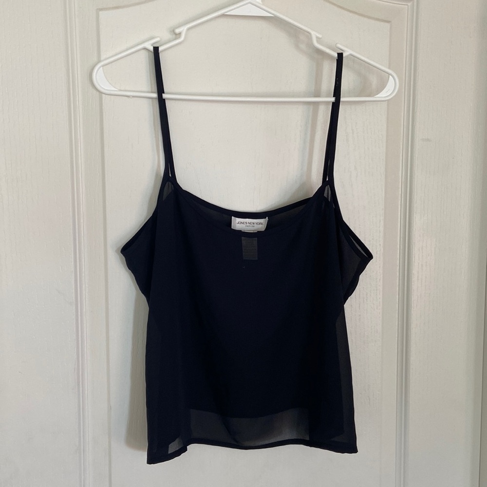 Jones New York Petite, sheer black shirt. Lightly worn